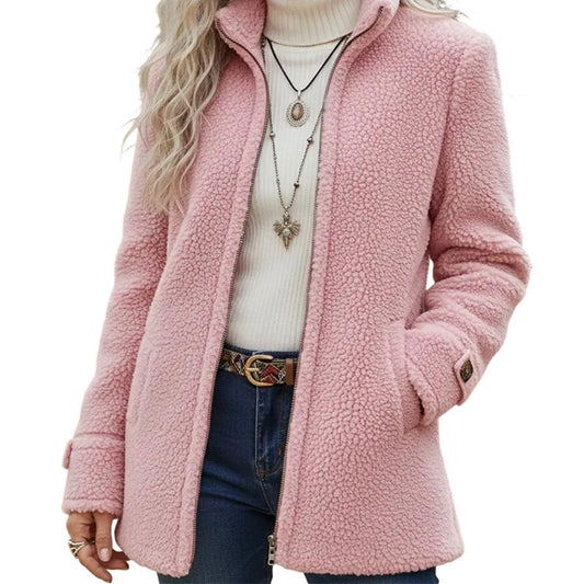 Women's textured sherpa jacket with high collar, zip front and pockets