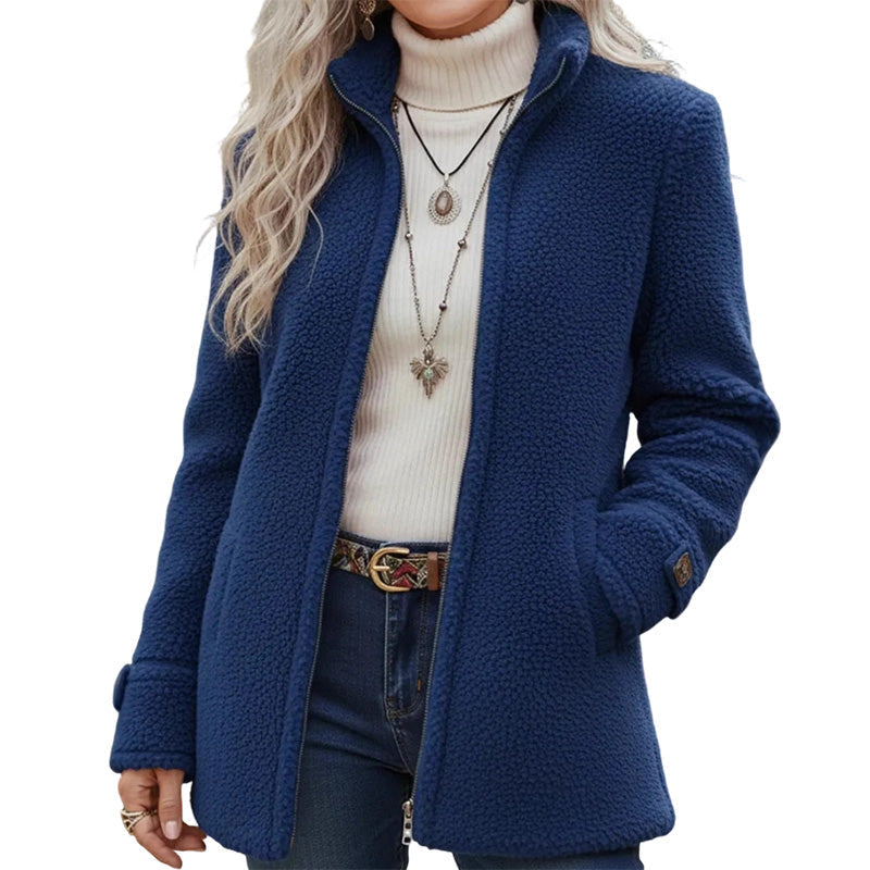 Women's textured sherpa jacket with high collar, zip front and pockets