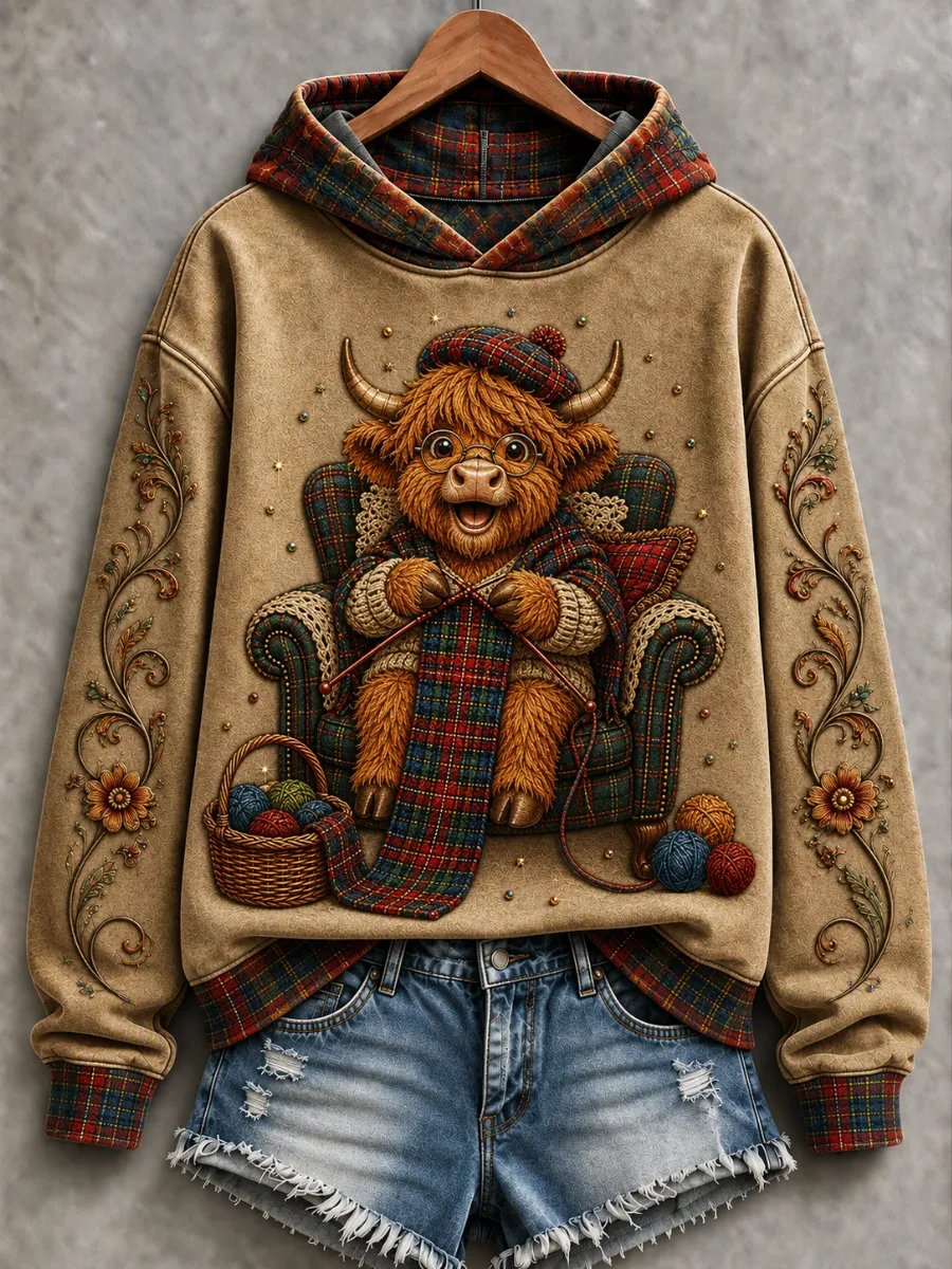 Women's multicolor highland cow graphic hoodie with plaid hood and cuffs
