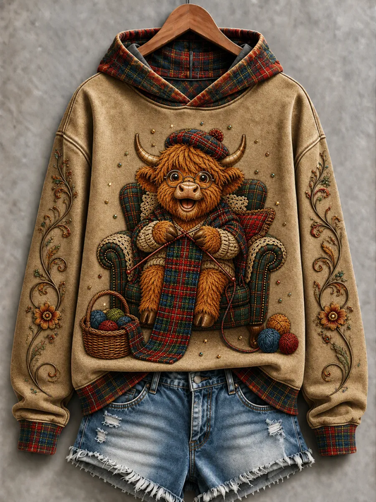 Women's multicolor highland cow graphic hoodie with plaid hood and cuffs