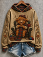 Women's multicolor highland cow graphic hoodie with plaid hood and cuffs
