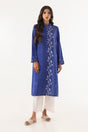 Women's blue long shirt with mandarin collar and patterned front