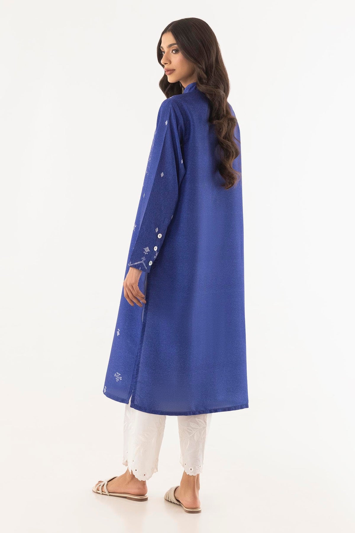 Women's blue long shirt with mandarin collar and patterned front