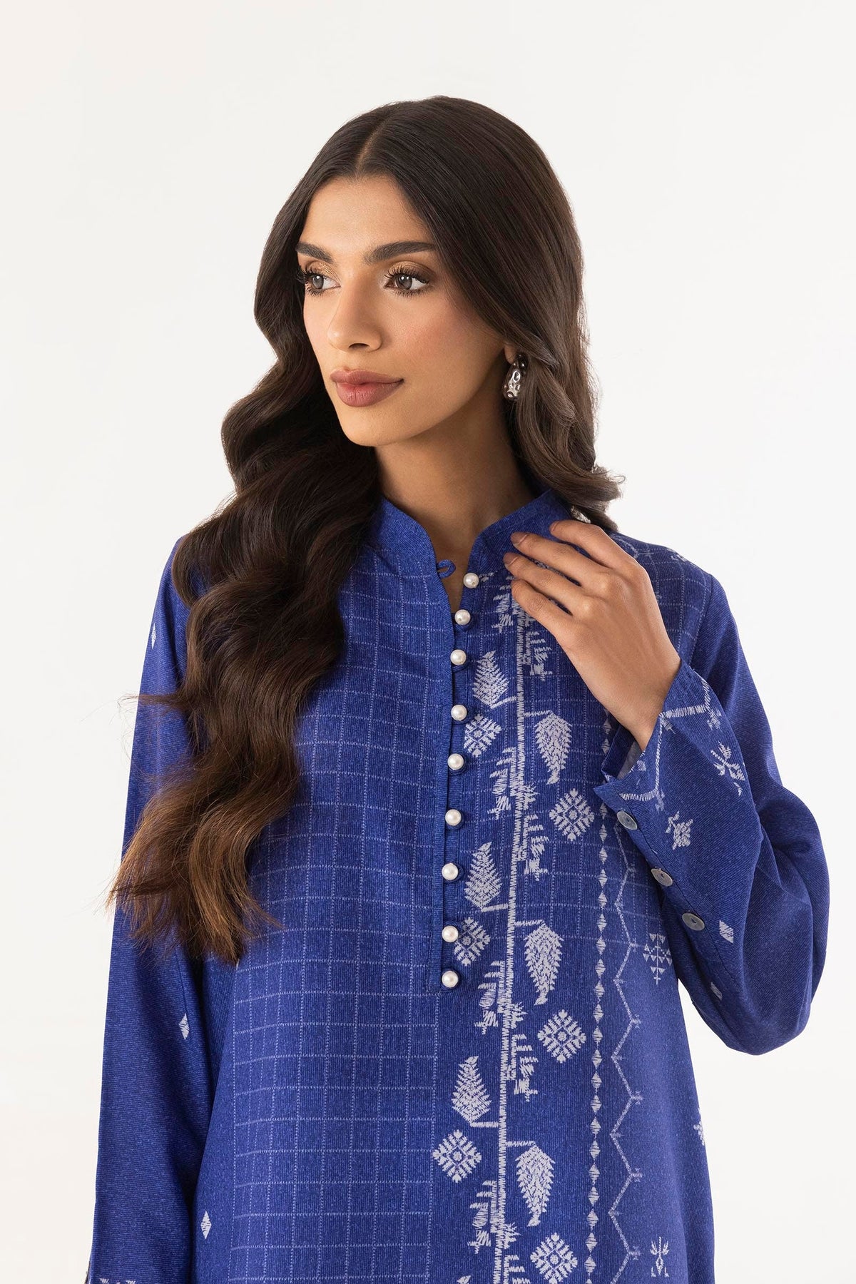 Women's blue long shirt with mandarin collar and patterned front