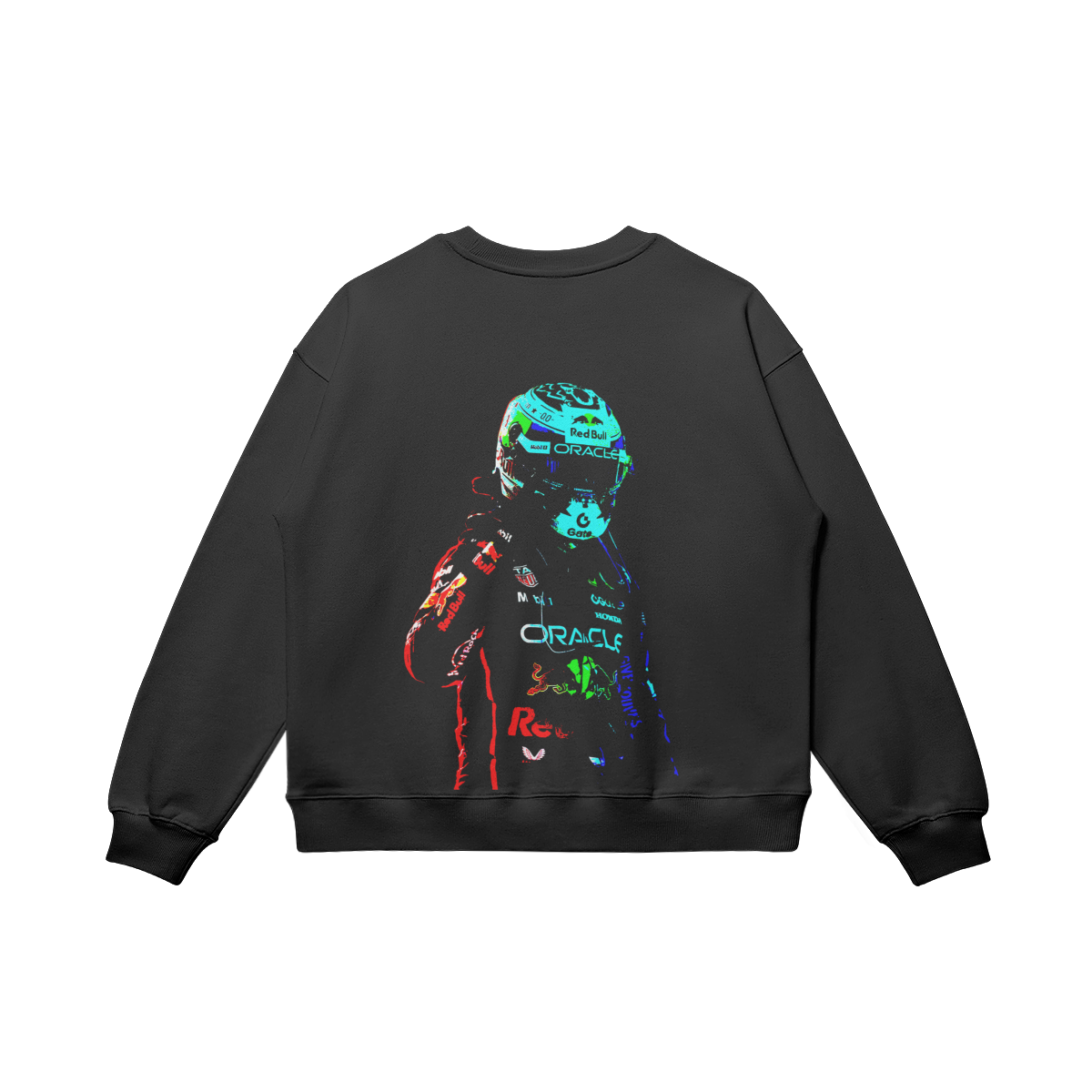 Black long-sleeve sweatshirt with a multicolour racing driver graphic