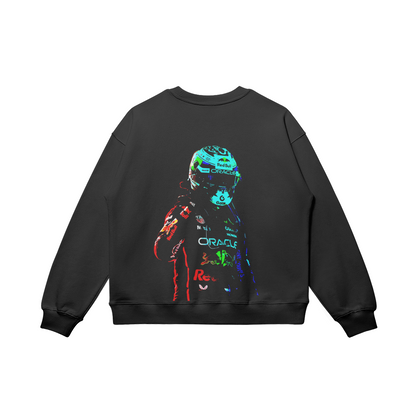 Black long-sleeve sweatshirt with a multicolour racing driver graphic