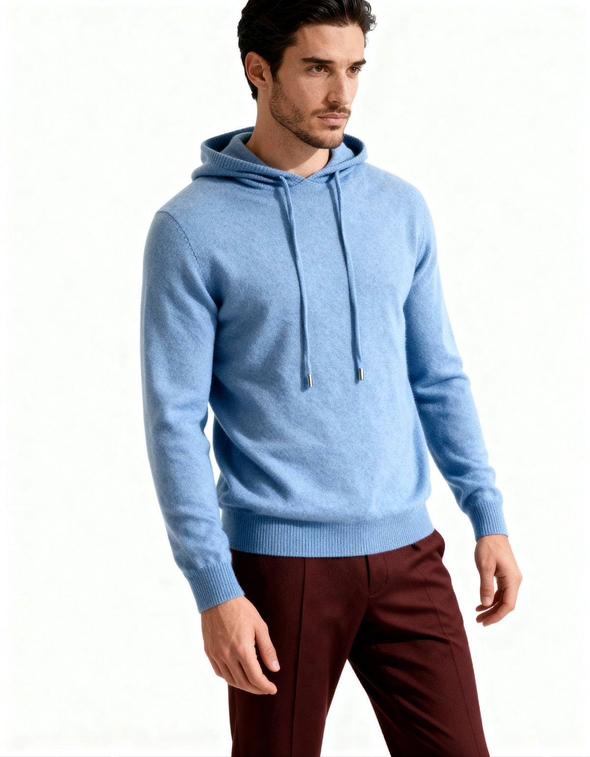 Men's long-sleeve hooded knit sweater with drawstrings and ribbed trim