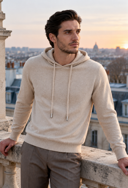 Men's long-sleeve hooded knit sweater with drawstrings and ribbed trim