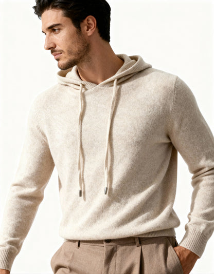 Men's long-sleeve hooded knit sweater with drawstrings and ribbed trim