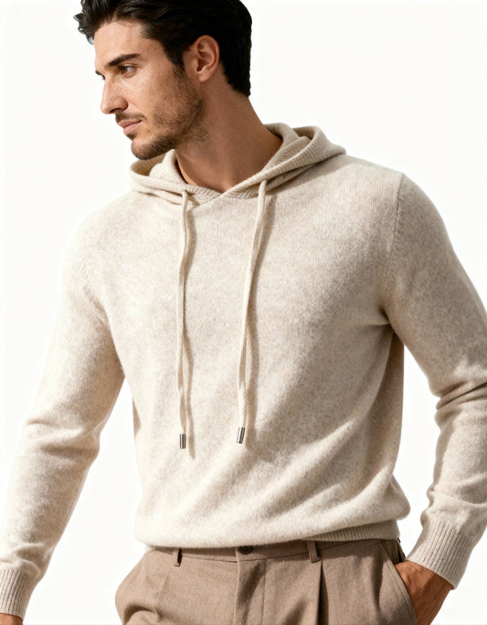 Men's long-sleeve hooded knit sweater with drawstrings and ribbed trim