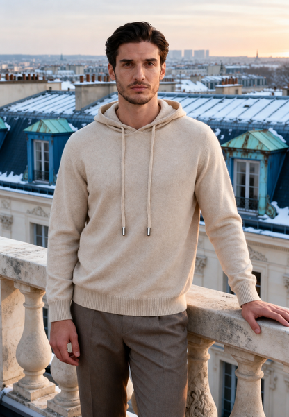 Men's long-sleeve hooded knit sweater with drawstrings and ribbed trim