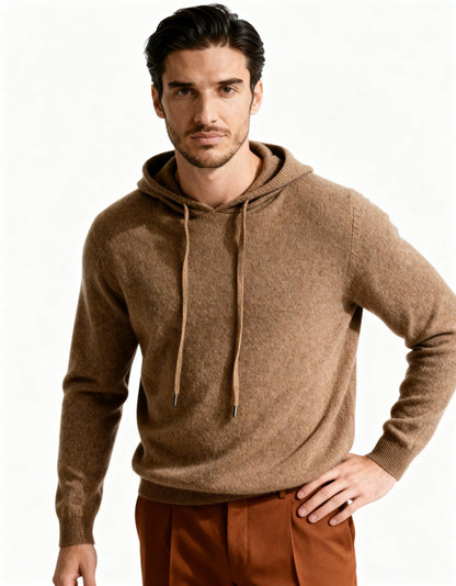 Men's long-sleeve hooded knit sweater with drawstrings and ribbed trim