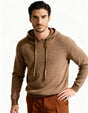 Men's long-sleeve hooded knit sweater with drawstrings and ribbed trim
