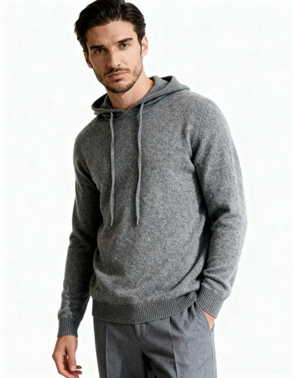 Men's long-sleeve hooded knit sweater with drawstrings and ribbed trim
