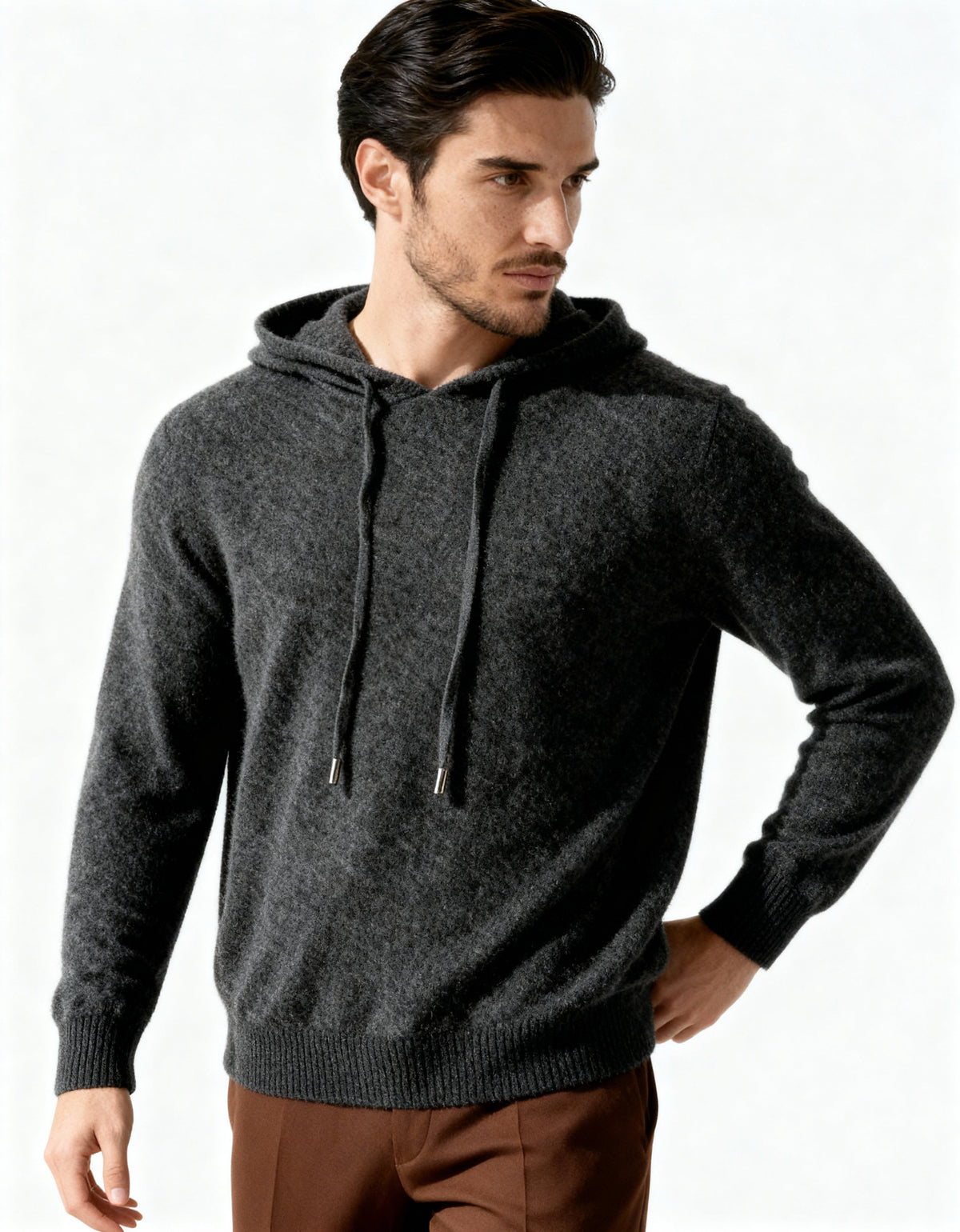 Men's long-sleeve hooded knit sweater with drawstrings and ribbed trim