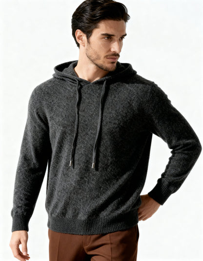 Men's long-sleeve hooded knit sweater with drawstrings and ribbed trim