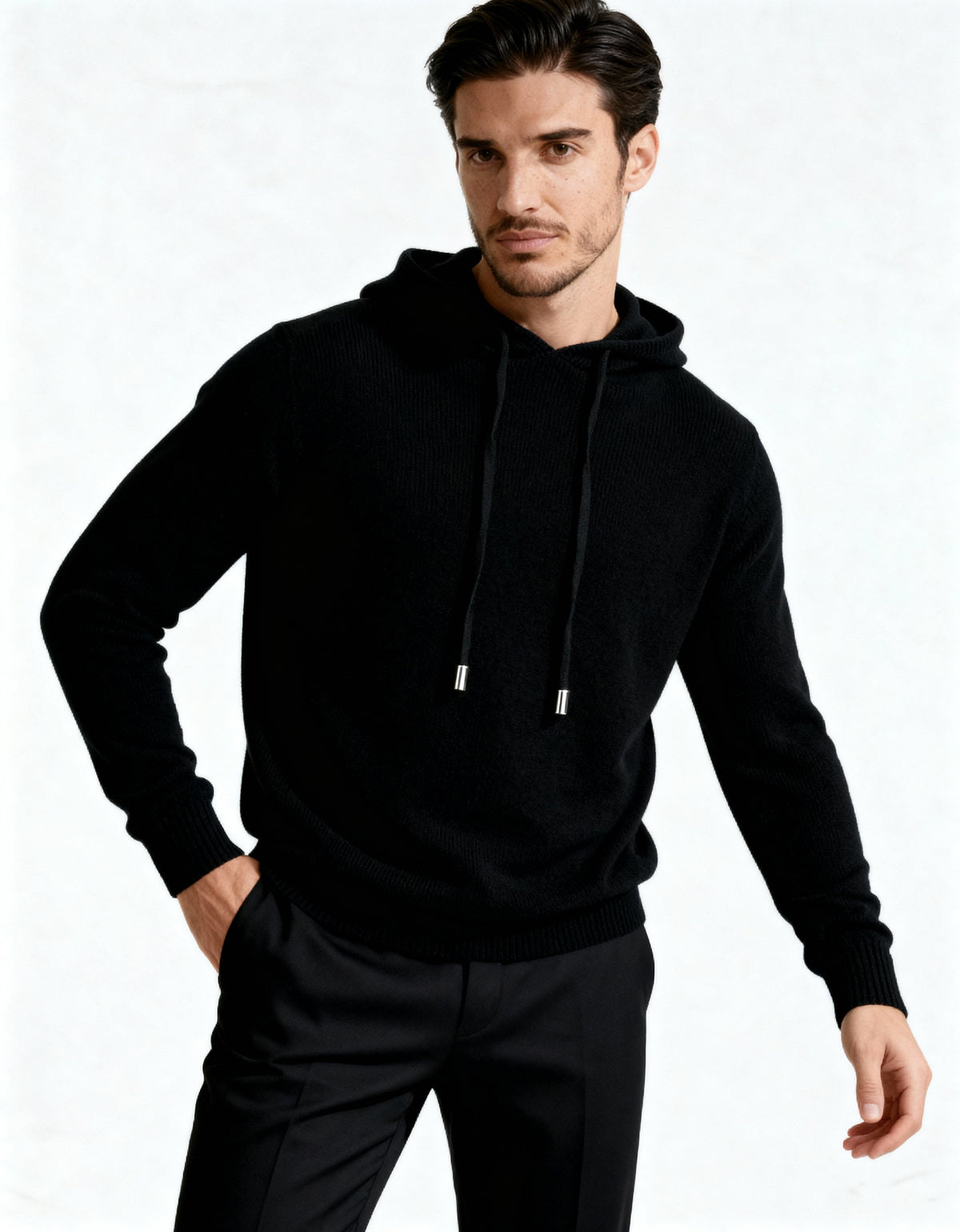Men's long-sleeve hooded knit sweater with drawstrings and ribbed trim