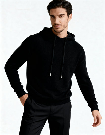 Men's long-sleeve hooded knit sweater with drawstrings and ribbed trim