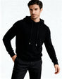 Men's long-sleeve hooded knit sweater with drawstrings and ribbed trim
