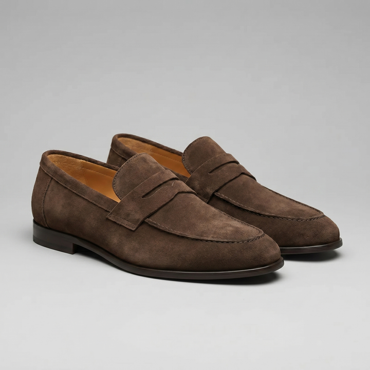 Men's penny loafers with rounded toes and slip-on design
