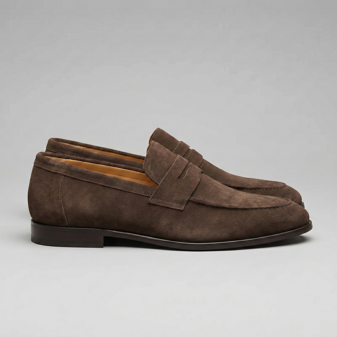 Men's penny loafers with rounded toes and slip-on design