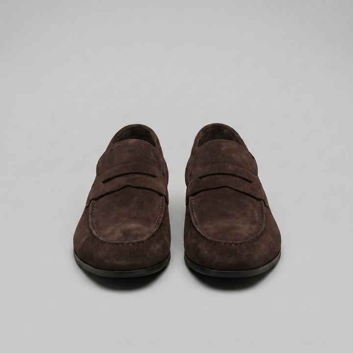 Men's penny loafers with rounded toes and slip-on design