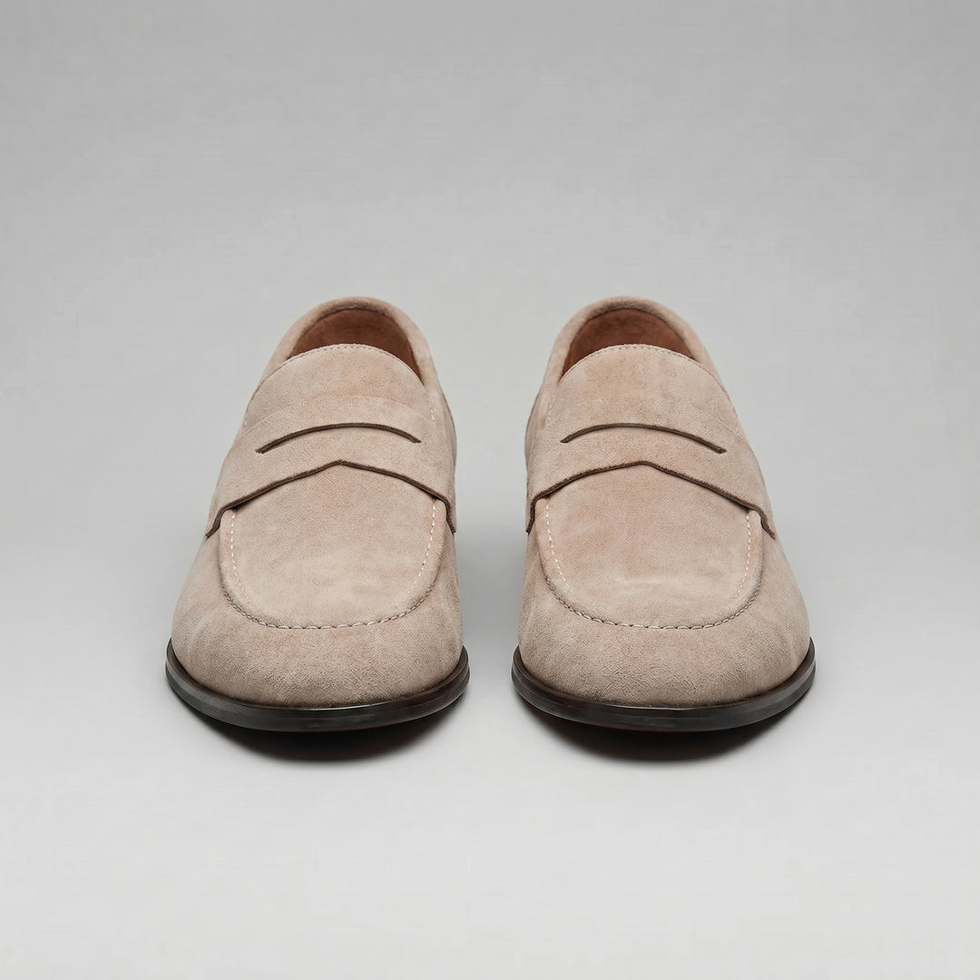 Men's penny loafers with rounded toes and slip-on design