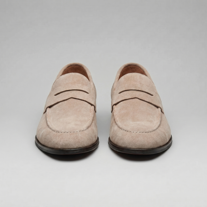 Men's penny loafers with rounded toes and slip-on design