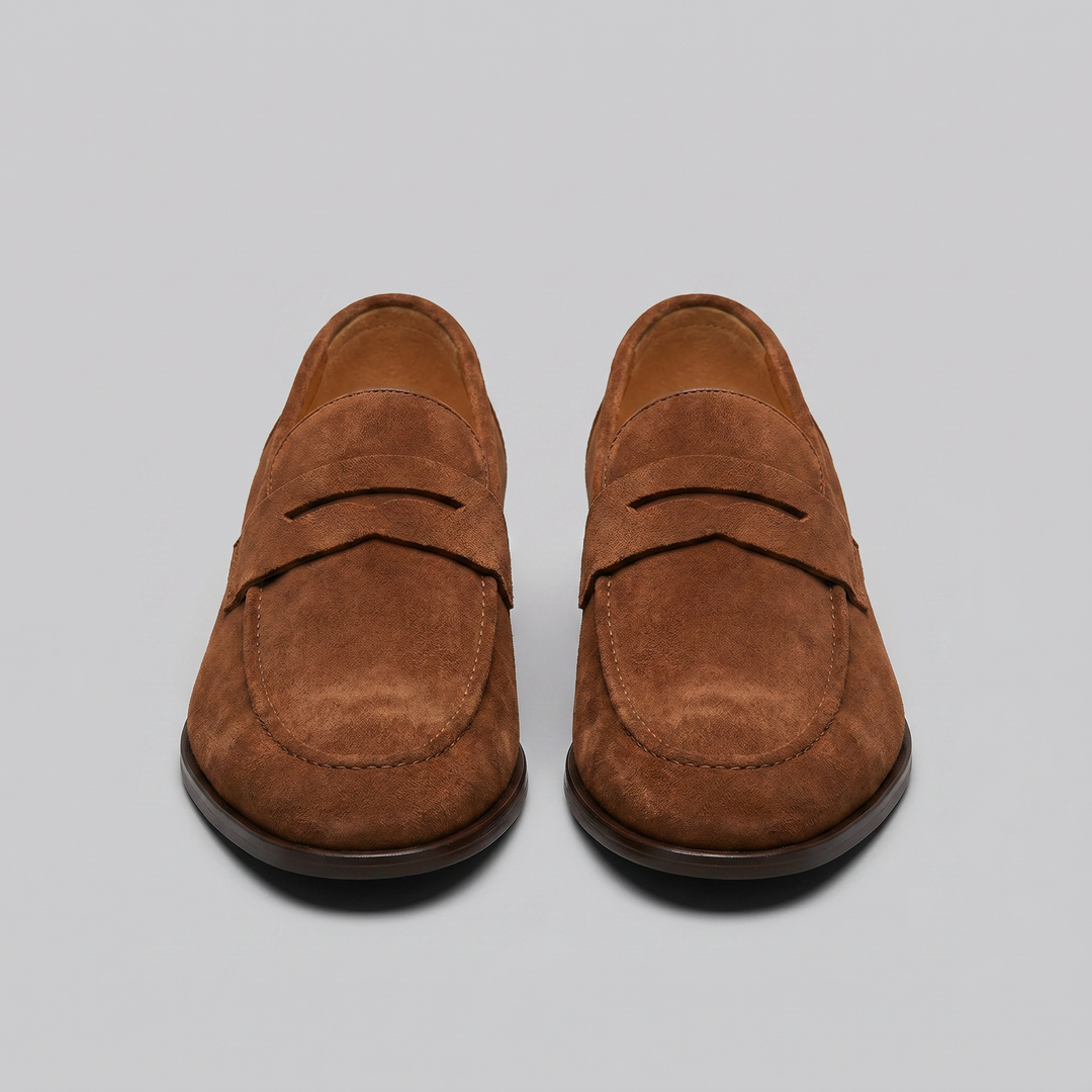 Men's penny loafers with rounded toes and slip-on design