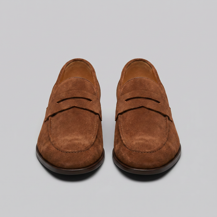 Men's penny loafers with rounded toes and slip-on design