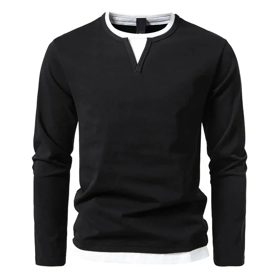 Long-sleeve men's Henley sweater with split neckline and layered hem detail
