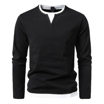 Long-sleeve men's Henley sweater with split neckline and layered hem detail