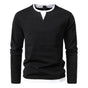 Long-sleeve men's Henley sweater with split neckline and layered hem detail