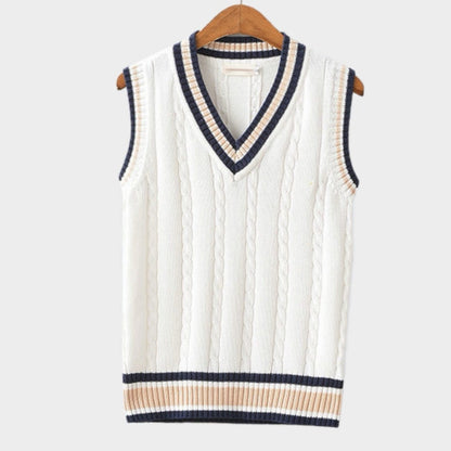 Women's sleeveless cable knit sweater vest with V-neck and ribbed contrast trim