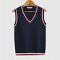 Women's sleeveless cable knit sweater vest with V-neck and ribbed contrast trim