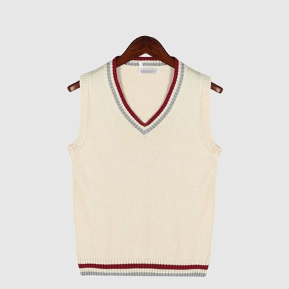 Women's sleeveless cable knit sweater vest with V-neck and ribbed contrast trim