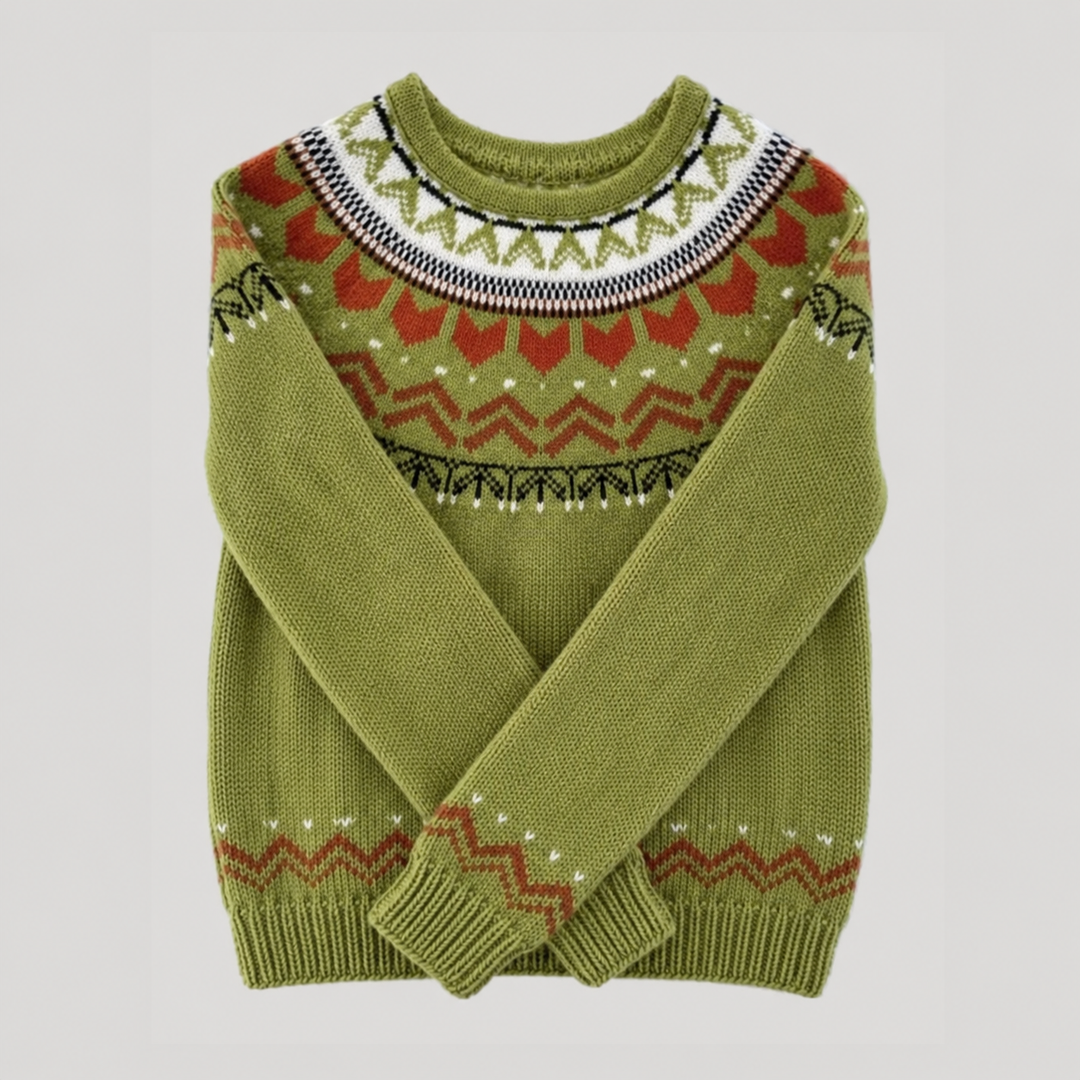 Men's green Nordic pattern crew neck sweater with long sleeves