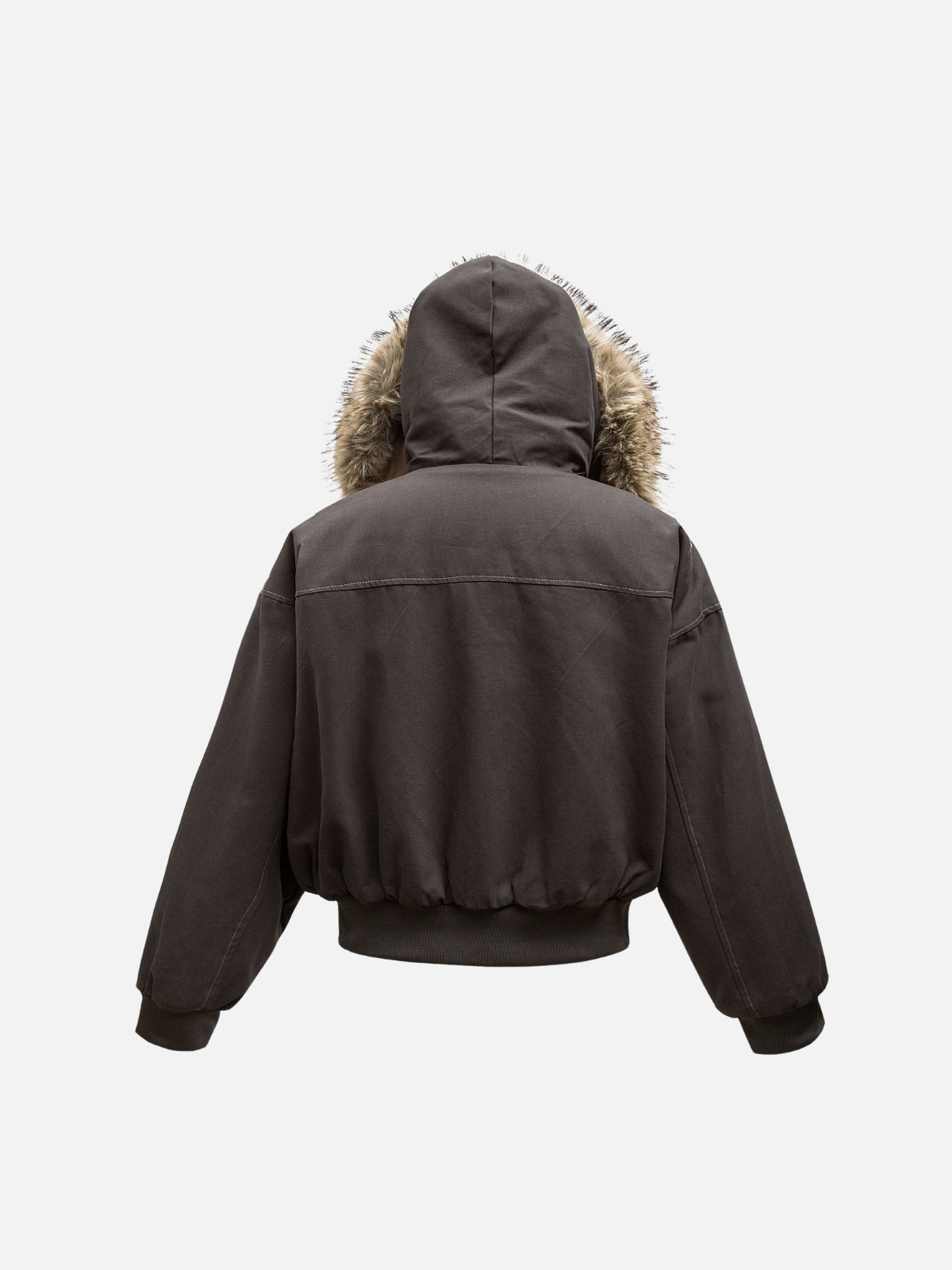 Women's brown hooded bomber jacket with furry trim and front zip