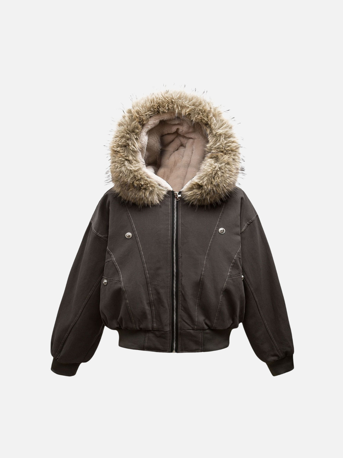 Women's brown hooded bomber jacket with furry trim and front zip