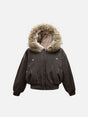 Women's brown hooded bomber jacket with furry trim and front zip