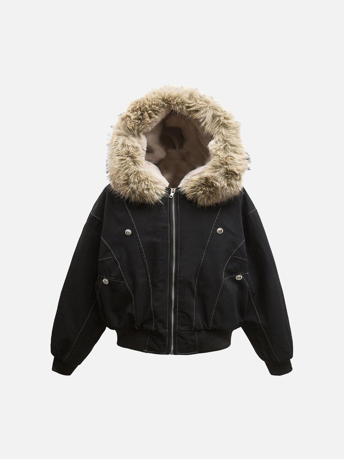 Women's brown hooded bomber jacket with furry trim and front zip