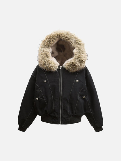 Women's brown hooded bomber jacket with furry trim and front zip