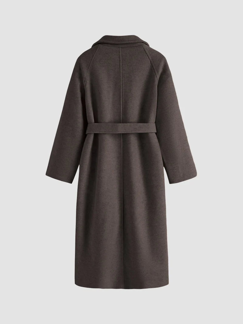 Women's long solid wrap coat with wide lapels and tie belt