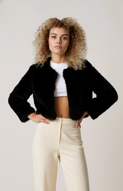 Women's short textured jacket shown in beige and black with long sleeves and an open front
