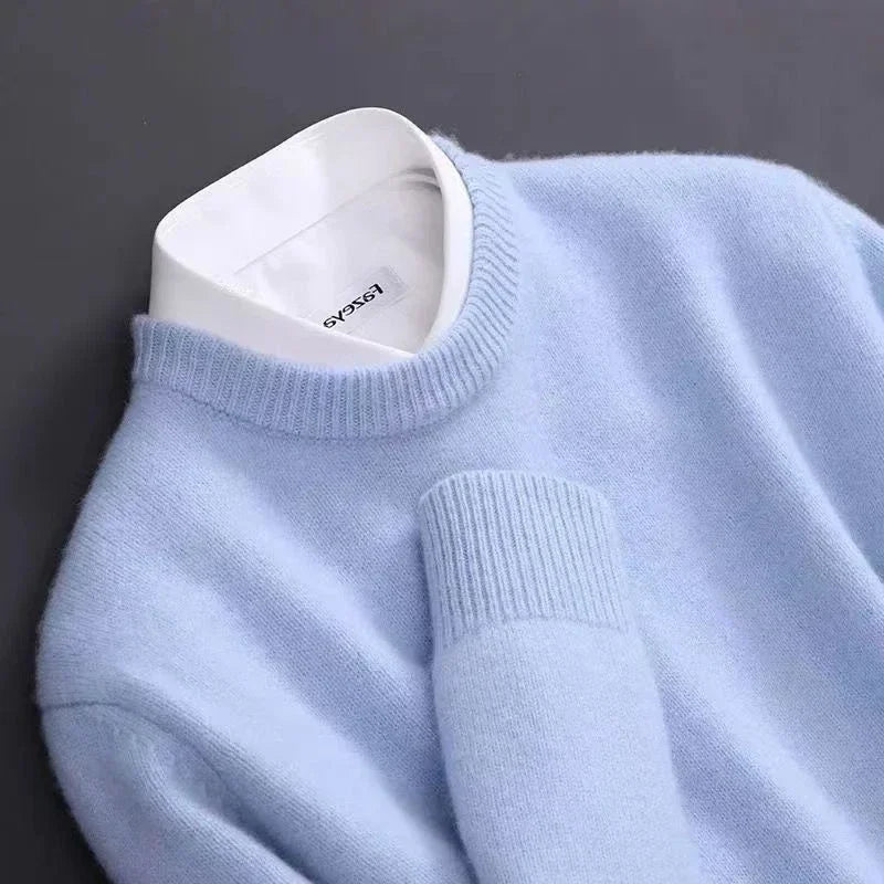 Men's plain crew-neck sweater with long sleeves and ribbed trims