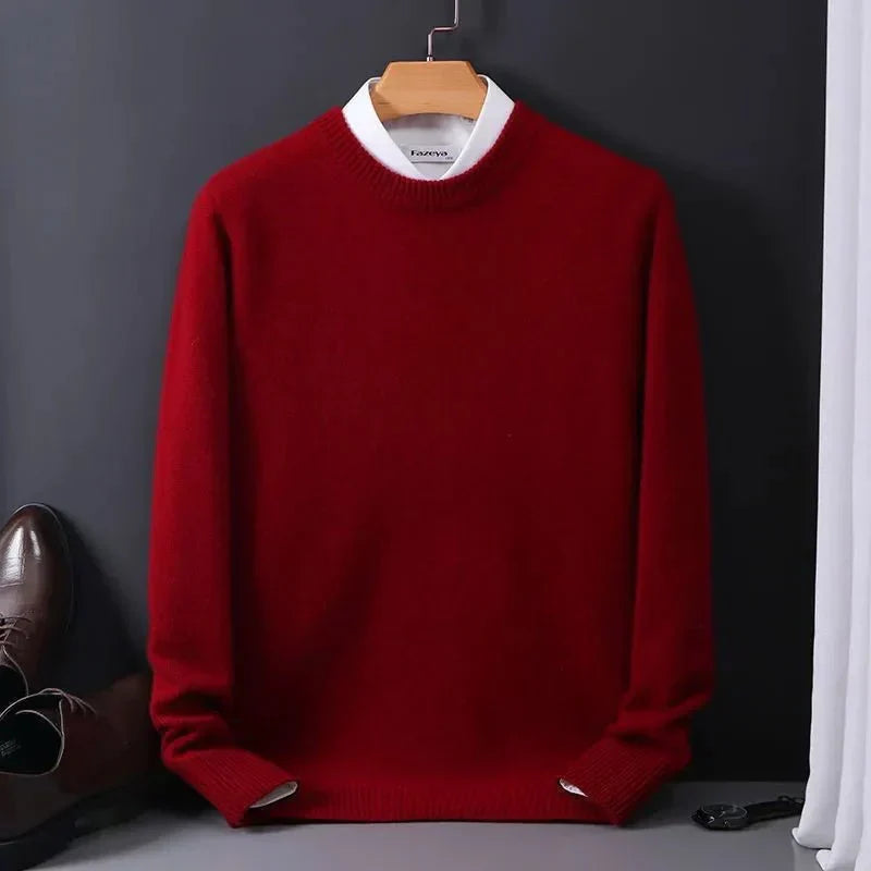 Men's plain crew-neck sweater with long sleeves and ribbed trims
