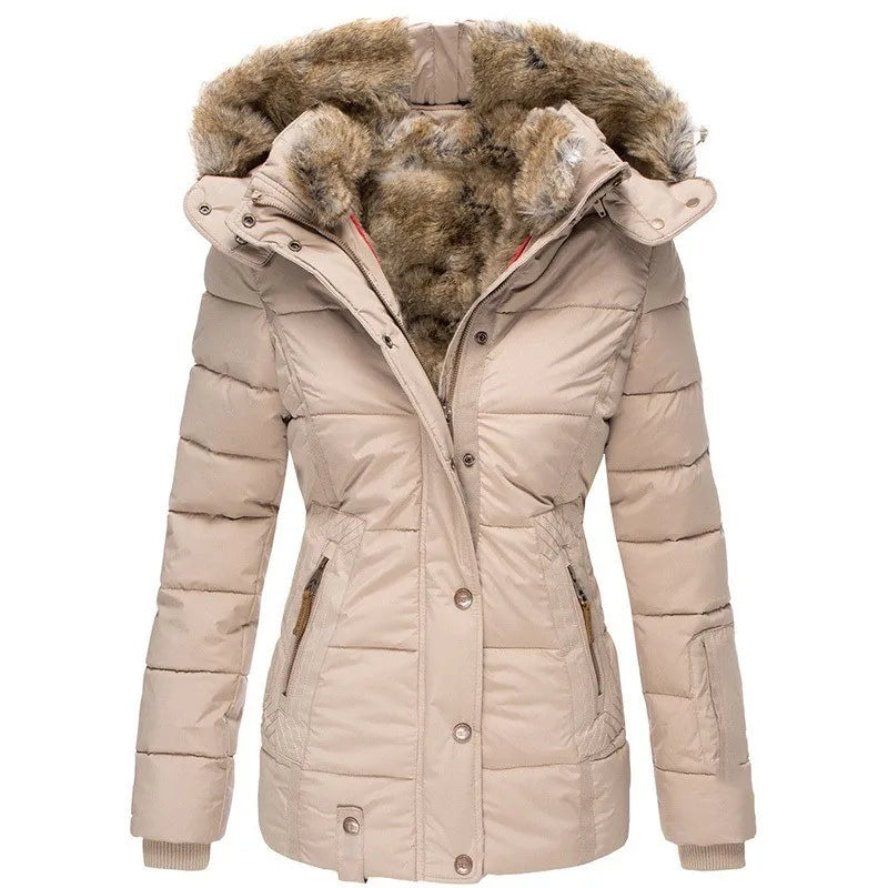 Women's padded parka jacket with fur-trimmed hood and zipped pockets