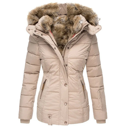 Women's padded parka jacket with fur-trimmed hood and zipped pockets