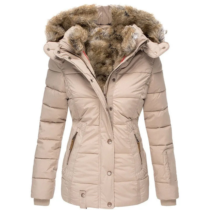 Women's padded parka jacket with fur-trimmed hood and zipped pockets