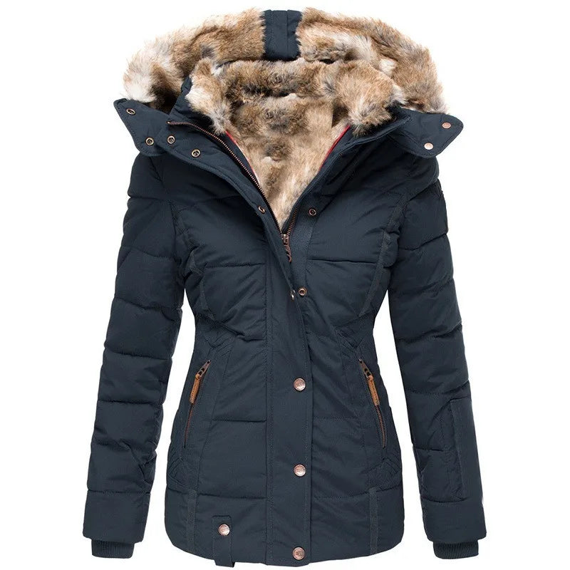 Women's padded parka jacket with fur-trimmed hood and zipped pockets
